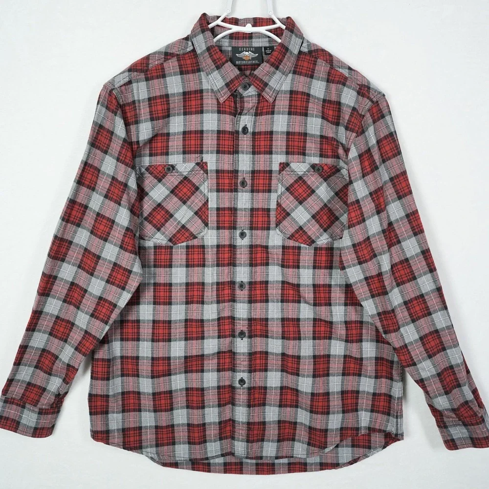 Harley-Davidson Mens XL Red Gray Plaid‎ Flannel Button Up Shirt 96113-20VM Logo